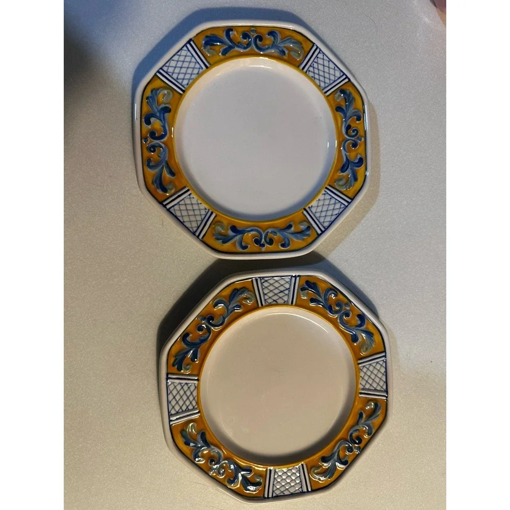 Fitz and Floyd Ricamo Trattoria Plates Set of 2 Yellow Blue